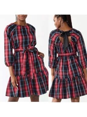 Draper James RSVP Long Sleeve Tiered Bow Back Dress Holiday Plaid Ruffle Belted